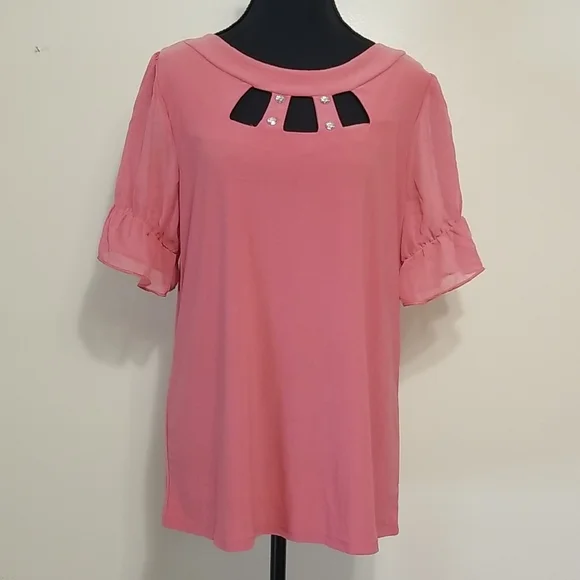 Adele & May Blush Pink Rhinestone Neckline Sheer Sleeve Blouse Career Office L - Picture 1 of 9